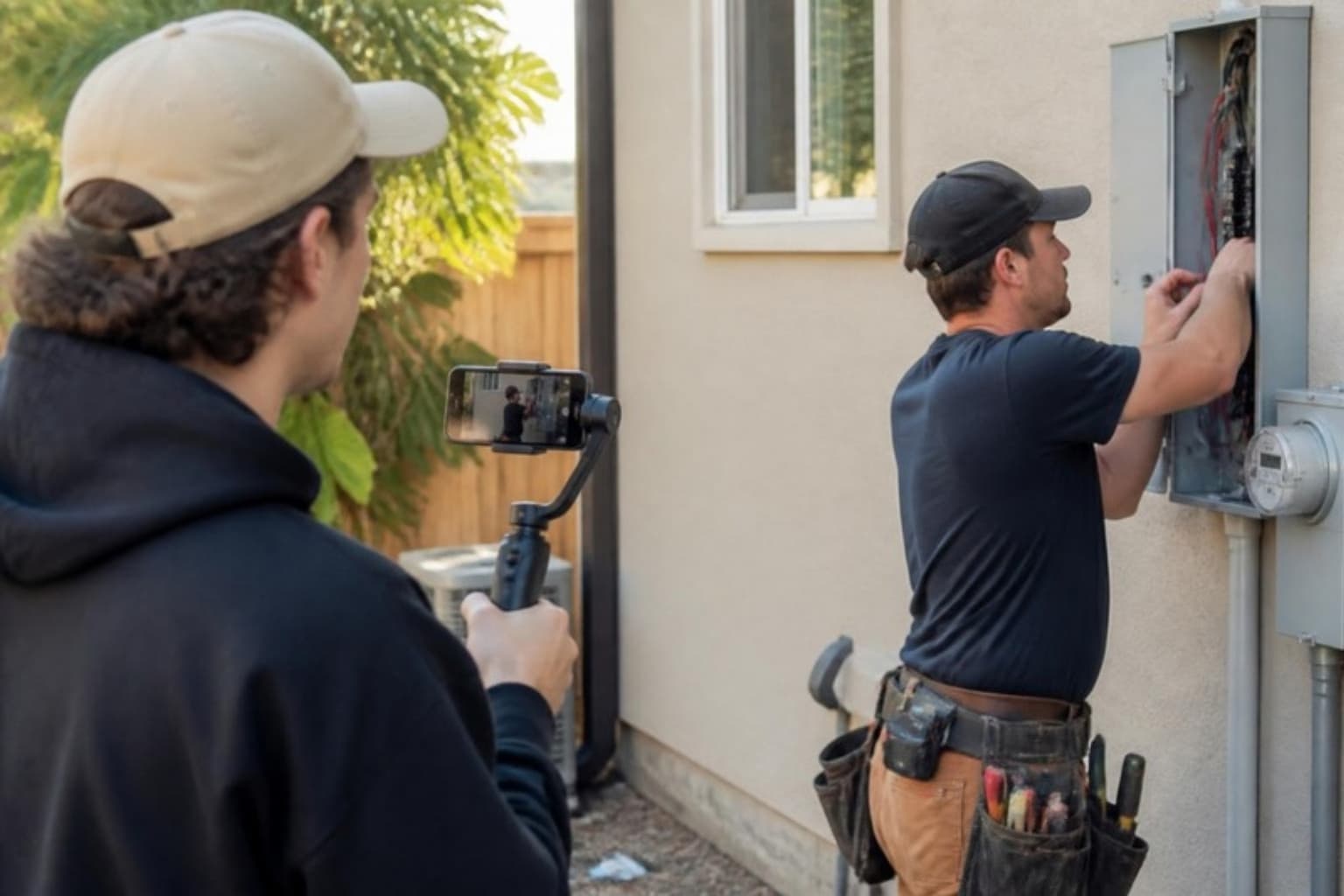 A creator filming short-form video of a tradesperson at work on a job site