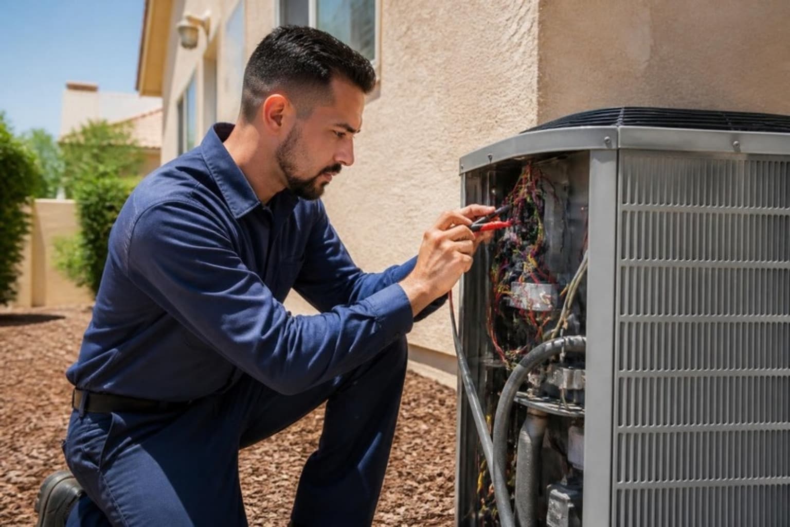 An HVAC technician servicing an outdoor air-conditioning unit beside a suburban home