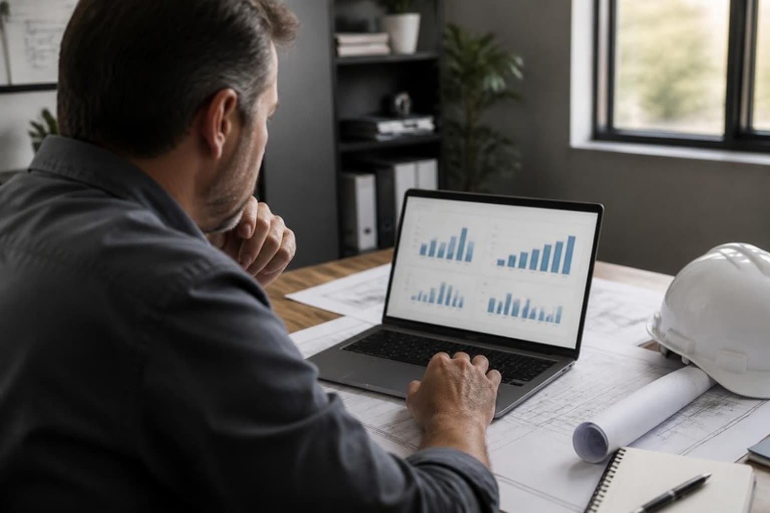 A business owner reviewing advertising performance charts on a laptop in a contractor's office