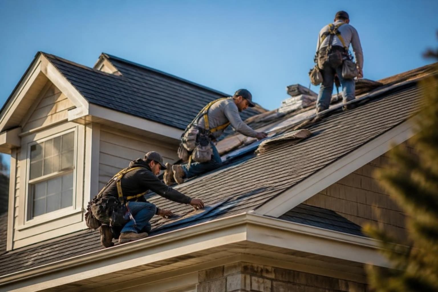A roofing crew installing shingles on a two-story home on a clear day