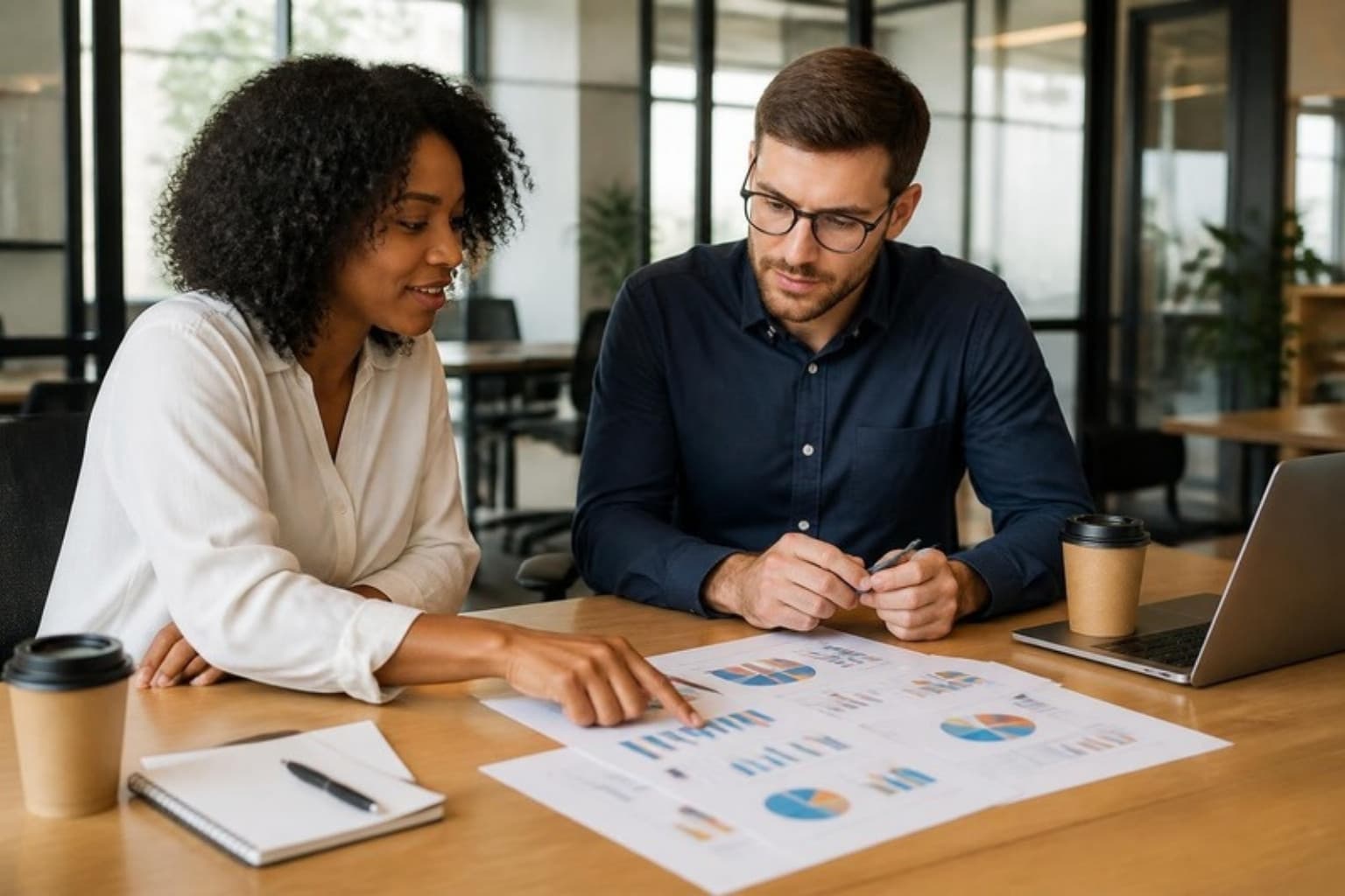 Two people going through a printed marketing report together at an office table